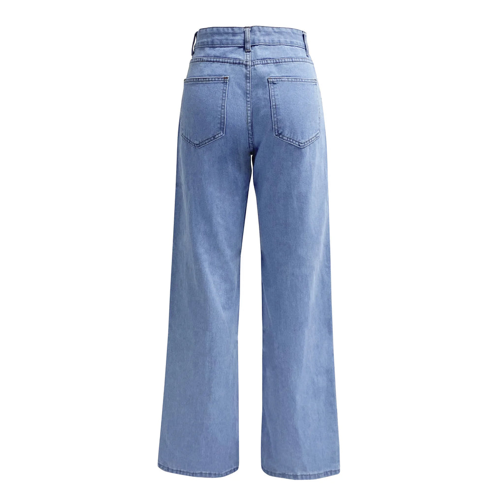 2025 new European and American high-waisted water-washed women's jeans long fashionable and versatile straight-leg pants