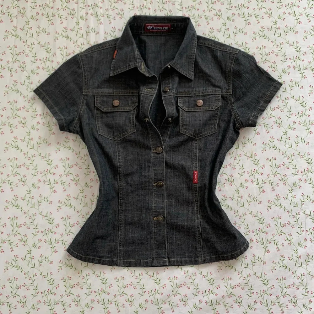 American Harajuku Retro Wash Fashionable Sexy Denim Short-sleeved 2025 New Street Fashion Brand Casual Slim-fit Women Shirt