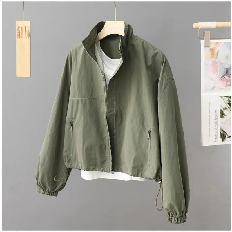 Women's New Autumn Zippered Loose Workwear Windbreaker Short Coat Women's Casual Long-sleeved Tops