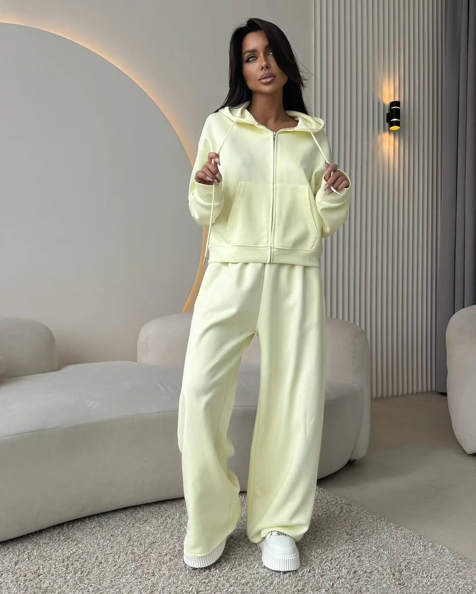 2025 Woman 2 Piece Set Outfit Sports Suit Long-sleeved Zipper Cardigan Hooded Sweatshirt Lace-up Trousers Two-piece Set Trendy