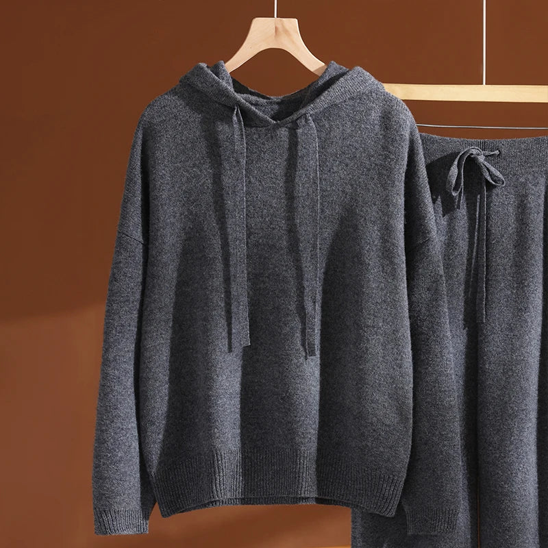 ADDONEE Autumn Winter Women's 100% Wool Set Hoodie Pullover Wide Leg Pants Thick Casual Cashmere Knitwear Sweater Trousers Suit