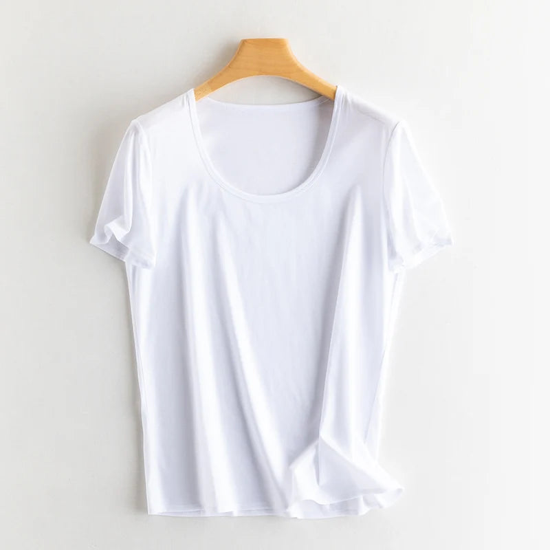Summer Short Sleeve T-Shirt Women Tee Shirts Real Silk Linen Cotton T Shirt Women's Casual Tees V-neck Woman Tshirt Solid Tops