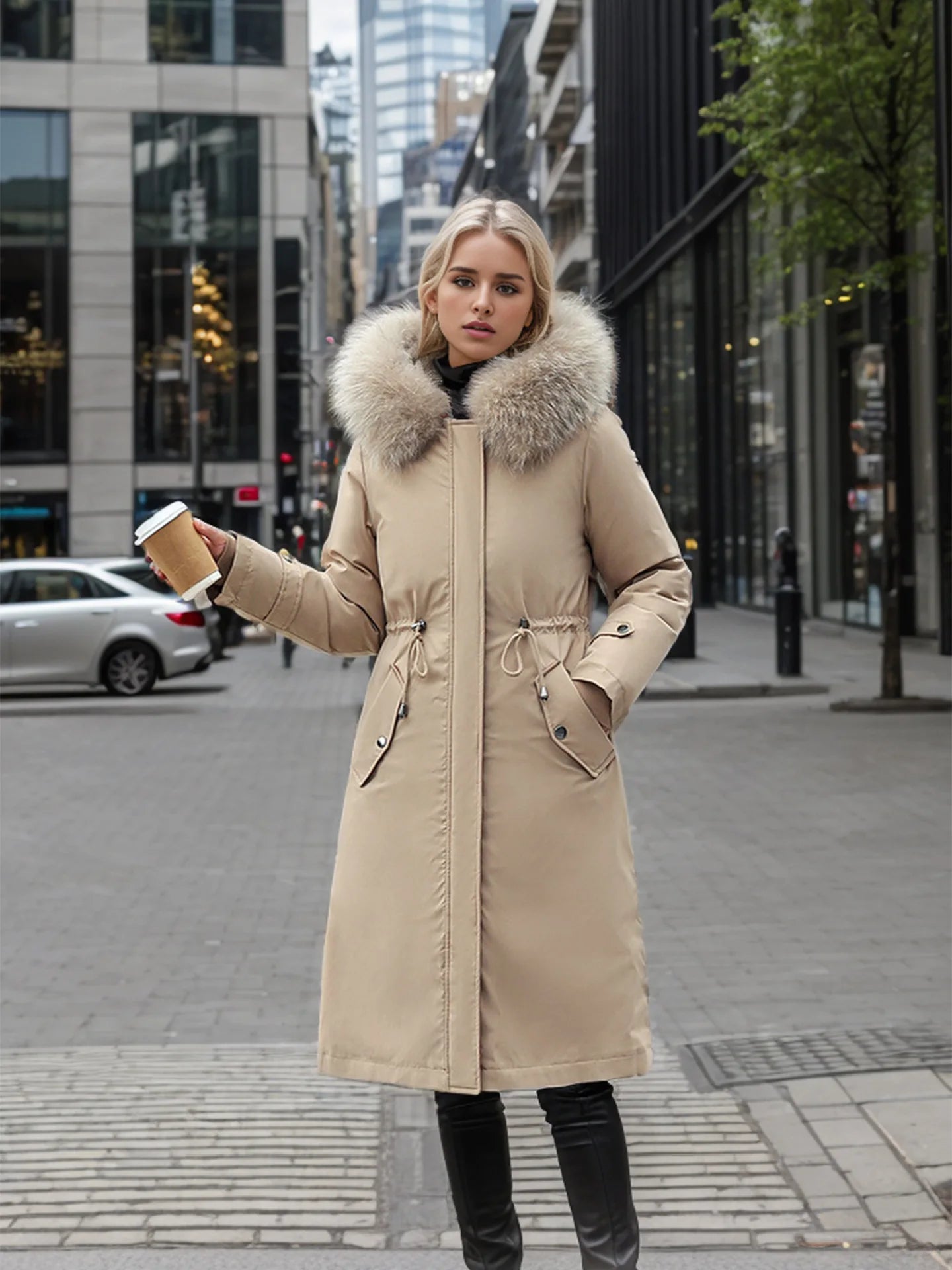 Lady's Winter Parka Coat Solid Color Detachable Faux Fur Trim Slim Fit Female's Padded Coat Thermal Longline Coat For Women