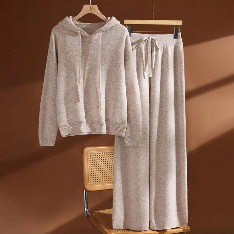 ADDONEE Autumn Winter Women's 100% Wool Set Hoodie Pullover Wide Leg Pants Thick Casual Cashmere Knitwear Sweater Trousers Suit