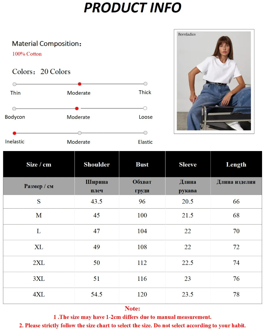 Bornladies Summer 100% Cotton Women's T-shirt Bottoming Basic Fashionable Solid Lady Short Sleeve Loose Tops Shirts 230g/㎡ Tops