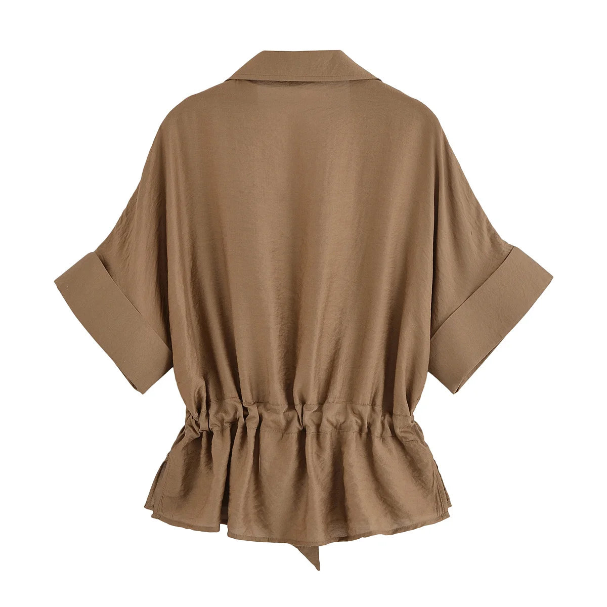 Women Adjustable Drawstring Waist Safari Shirt Short Sleeve Lapel Collar With   Pockets Loose Blouse Streetwear Lady Shirts