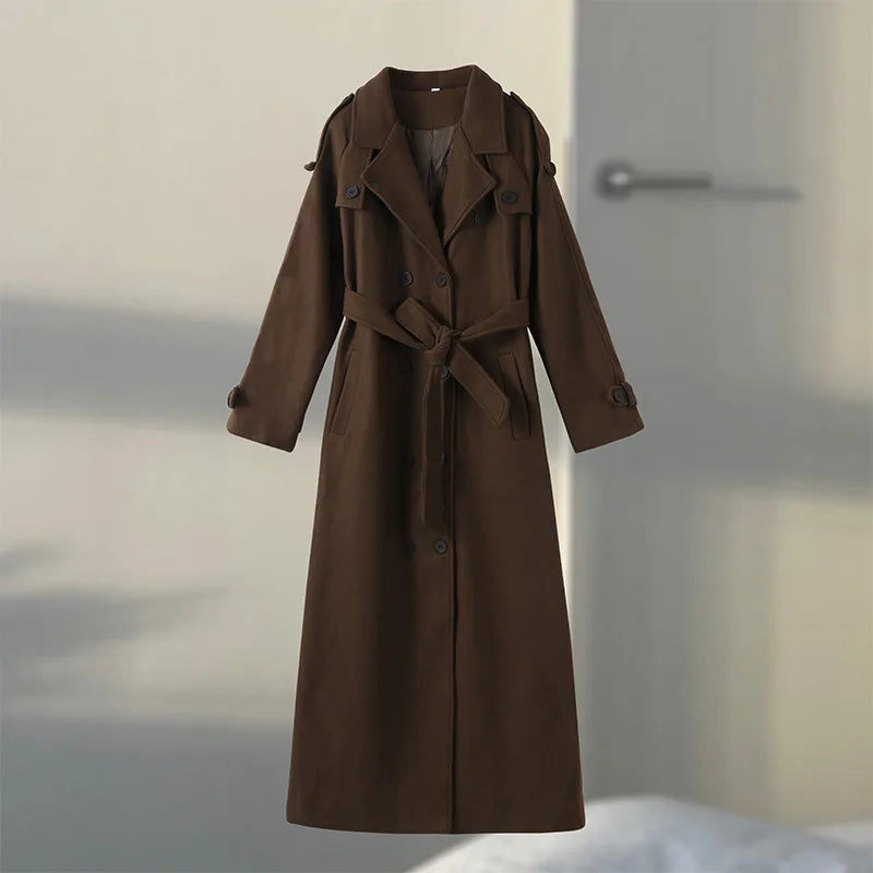 Belts Double Breasted Women's OverCoat Elegant Laple Pocket Full Sleeve Female Coat 2025 Autumn Winter Fashion New Lady Outwears