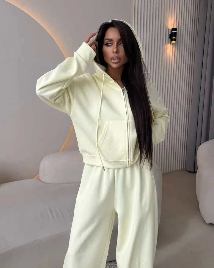 2025 Woman 2 Piece Set Outfit Sports Suit Long-sleeved Zipper Cardigan Hooded Sweatshirt Lace-up Trousers Two-piece Set Trendy