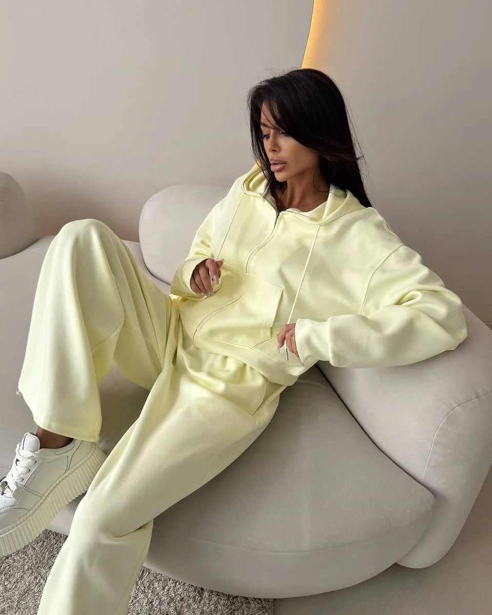 2025 Woman 2 Piece Set Outfit Sports Suit Long-sleeved Zipper Cardigan Hooded Sweatshirt Lace-up Trousers Two-piece Set Trendy