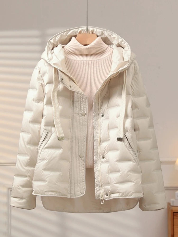 2025 Autumn Winter Women's New Puffer Jacket Short Hooded Thickened White Duck Down Coat Slim Fit Fashion Casual Warm Outerwear
