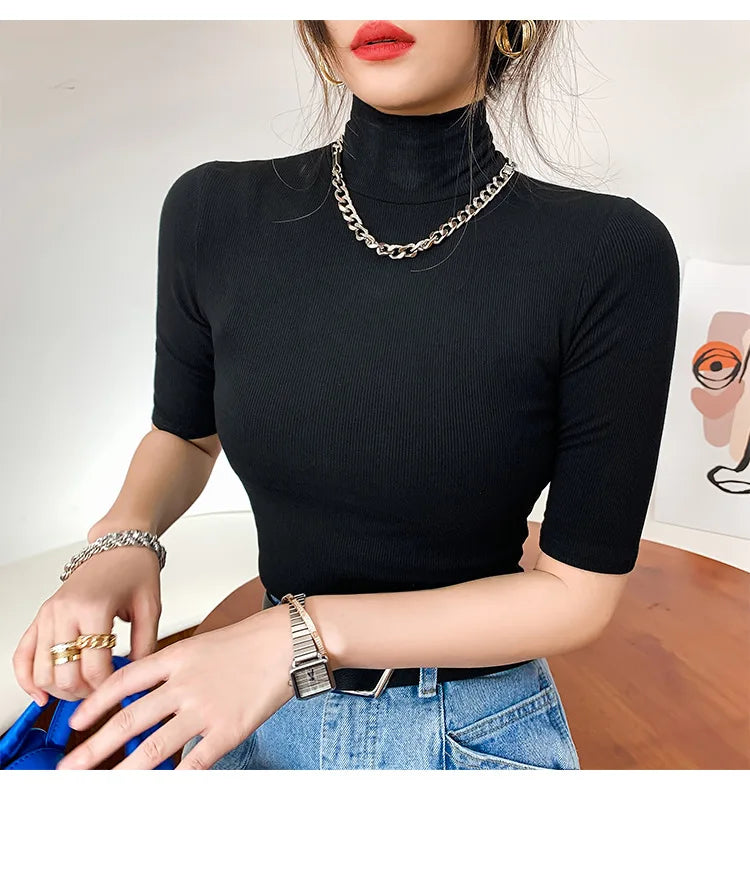 Basic  T Shirt Women Turtleneck Slim Tshirt Short Sleeve T-shirts Female Casual Elasticity White Tee Shirt Femme Woman Top