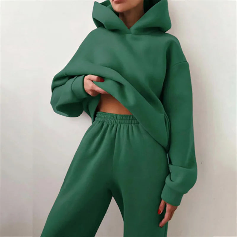 Women's Oversized Tracksuit Set Warm Autumn Fashion Hoodie Sweatshirts & Long Pants Casual Two-Piece Solid Hoody Pullover Outfit