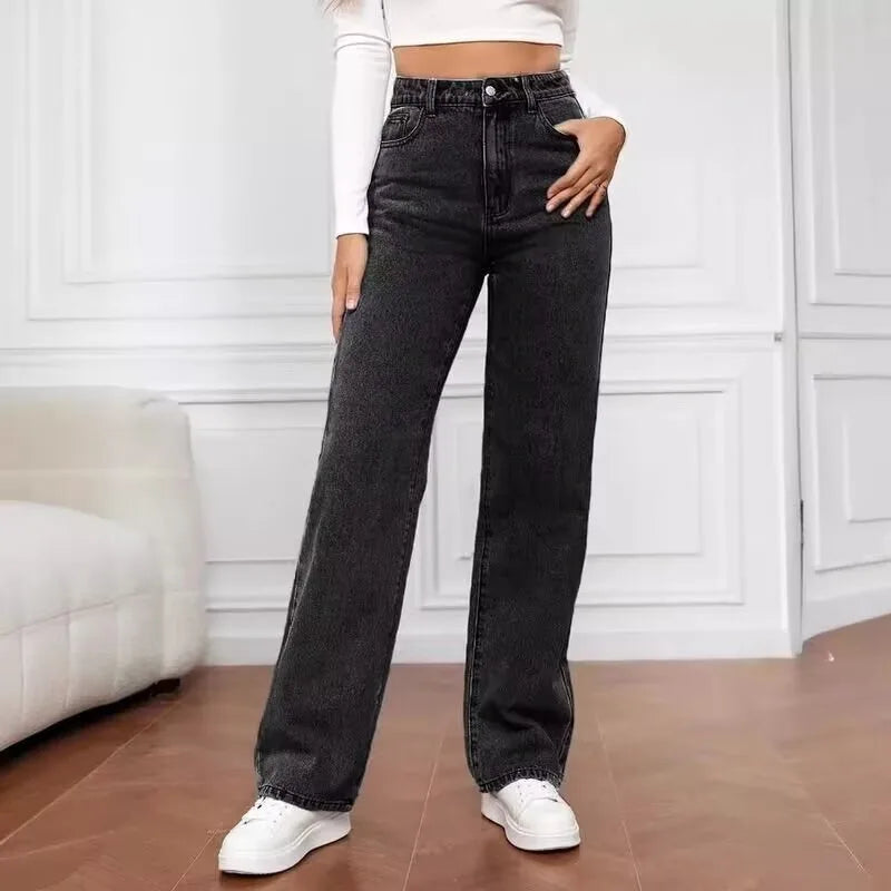 High Waist Loose Fit plus Size Denim Jeans Women's Commuter Straight Leg Pants Casual Sle Polyester Fiber