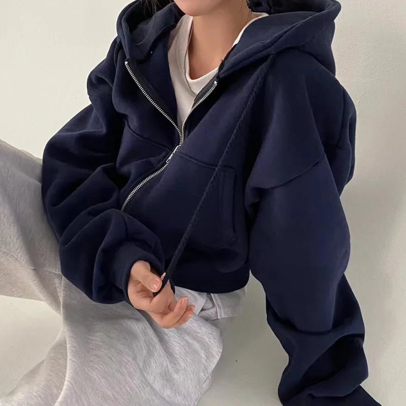 2025 Spring Autumn New Insfleece-lined Versatile Cropped Slims Smooths Silhouette Zip-up Warm Navy Blue Hooded Sweatshirt Women