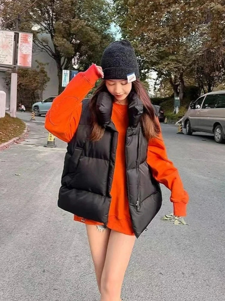 New in Autumn Winter Women Loose Fashion Stand Collar Elegant Down Coats Warm Outerwear Casual Sleeveless female Vests Jackets