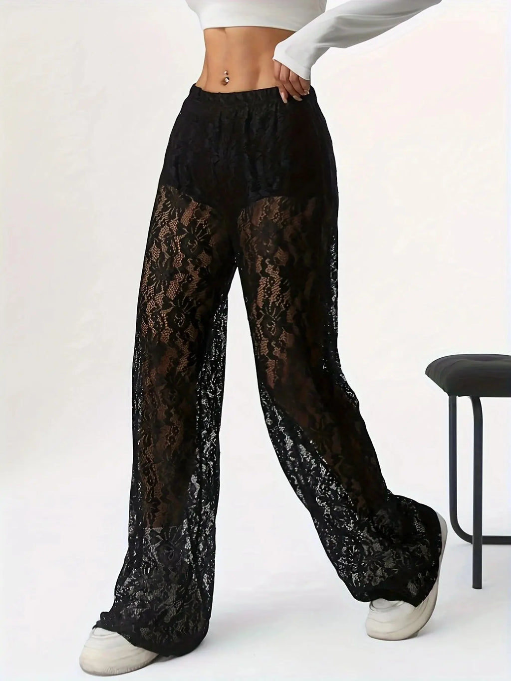 2025 Spring/Summer Fashion Personalized Waist Collection Lace Jacquard Micro Transparent Splicing Straight Leg Casual Pants