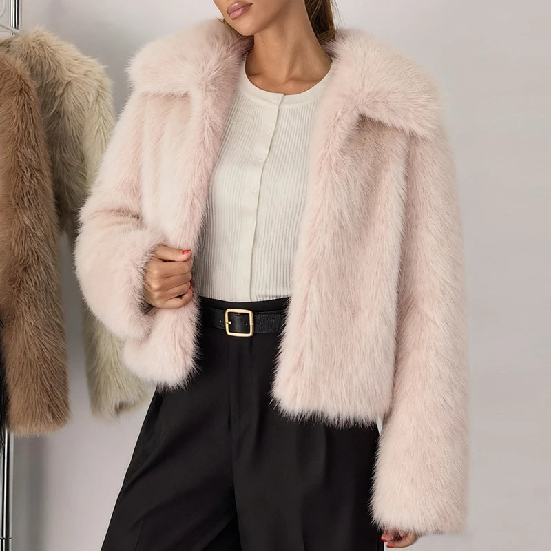 Fashion Vintge Women's Faux Fur Coat Turn-Down Collar Classic Overcoats Basic Fluffy Fox Jackets Lady Elegant Overcoats