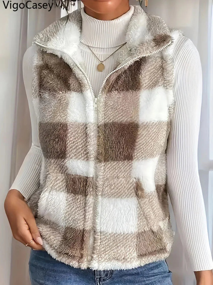 VigoCasey 2025 Plaid Print Sleeveless Vest Coat Woman Zipper Loose Plush Warm Waistcoat Lady Autumn Winter Casual Vest Jacket