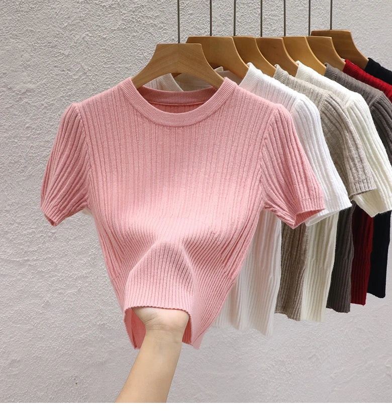 2025 Summer T shirts for Women Casual Female Korean Knit Streetwear Tees Basic Solid Young Cool Tops