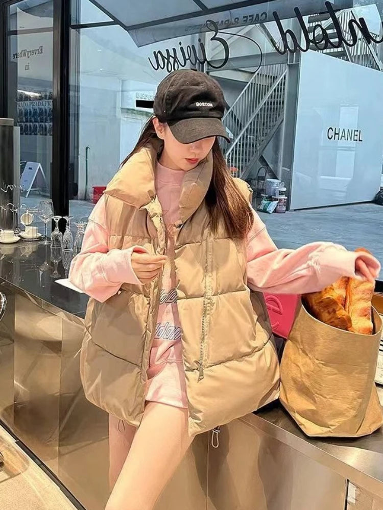 New in Autumn Winter Women Loose Fashion Stand Collar Elegant Down Coats Warm Outerwear Casual Sleeveless female Vests Jackets