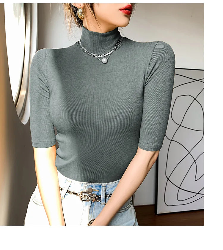 Basic  T Shirt Women Turtleneck Slim Tshirt Short Sleeve T-shirts Female Casual Elasticity White Tee Shirt Femme Woman Top