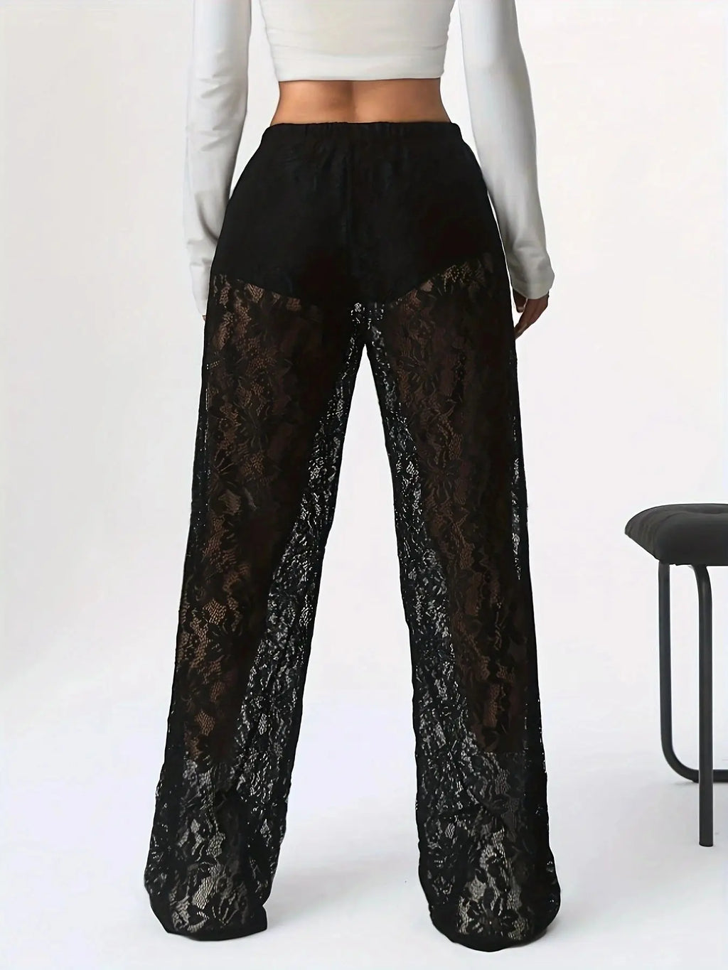 2025 Spring/Summer Fashion Personalized Waist Collection Lace Jacquard Micro Transparent Splicing Straight Leg Casual Pants