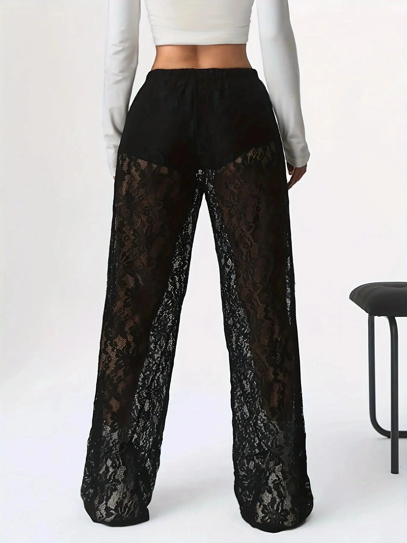 2025 Spring/Summer Fashion Personalized Waist Collection Lace Jacquard Micro Transparent Splicing Straight Leg Casual Pants
