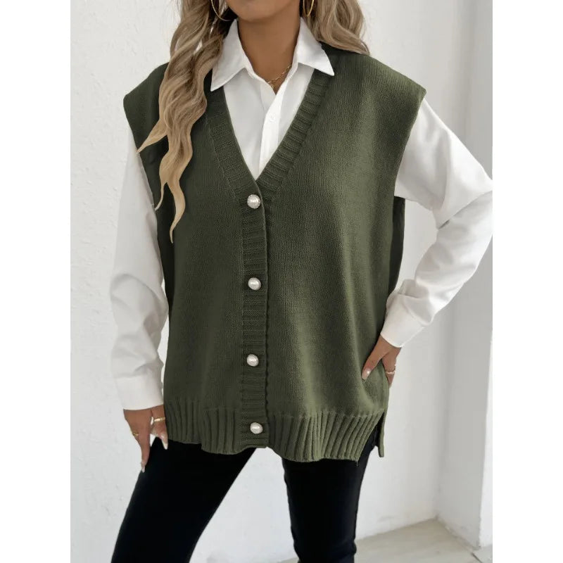 Women's Tops Autumn and Winter Vest Women's Clothing Pearl Button Loose Casual Cardigan Sweater Vest