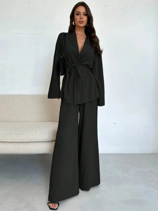 2025 Autumn Winter European American Fashion V-neck Women's Temperament Long-sleeved Elegant Wide-leg Pants Set