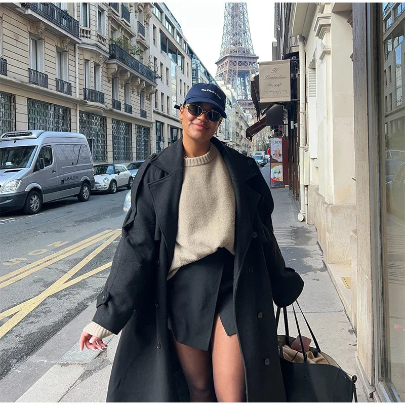 Belts Double Breasted Women's OverCoat Elegant Laple Pocket Full Sleeve Female Coat 2025 Autumn Winter Fashion New Lady Outwears