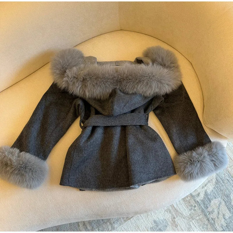 Elegant Women's Faux Fur Hoody Coat Furry Patchwork Lace Up Full Sleeve Female Jacket 2025 Autumn Winter New Lady Warm Outerwear