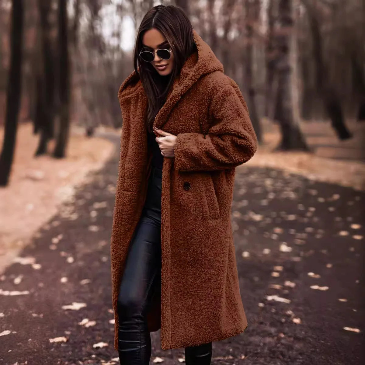 Keep Warm Plush Woolen Coat Women Solid Color Thicken Single Breasted Long Hooded Coats Autumn Winter Female Clothing Streetwear