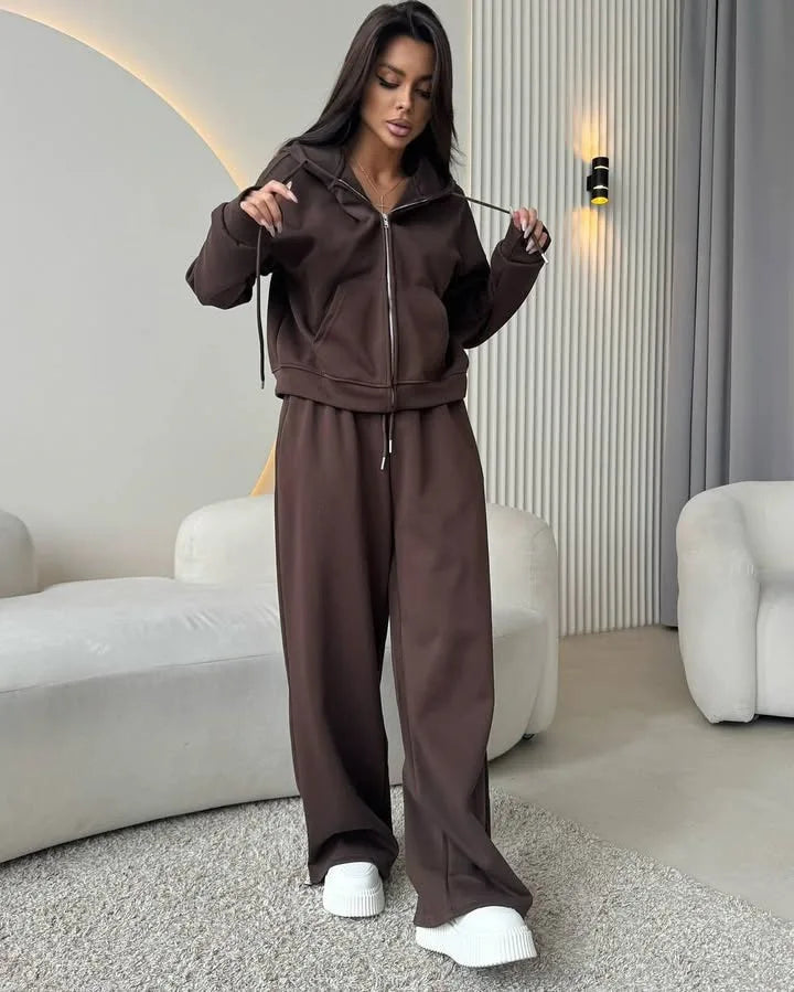 2025 Woman 2 Piece Set Outfit Sports Suit Long-sleeved Zipper Cardigan Hooded Sweatshirt Lace-up Trousers Two-piece Set Trendy