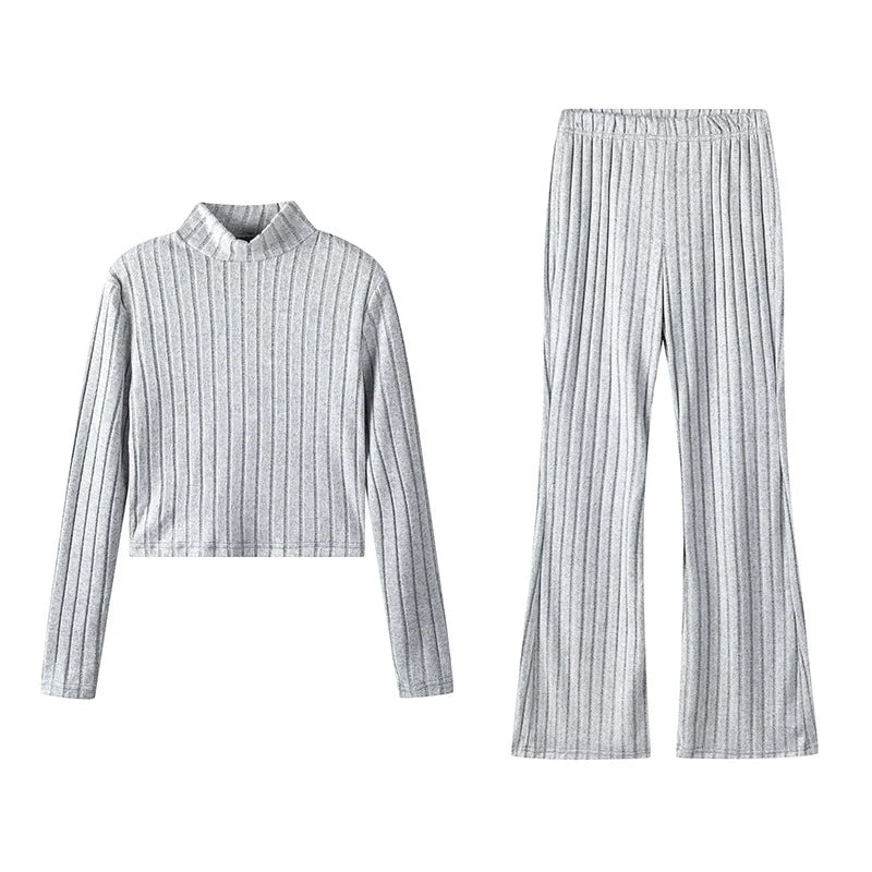 Fashion Women's Knitted Two-piece Set Casual Ribed Long-Sleeve Slim Outfit Trouser Set Female Outfit Clothes