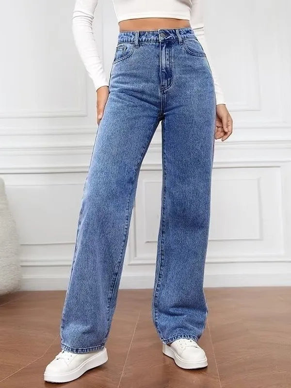 High Waist Loose Fit plus Size Denim Jeans Women's Commuter Straight Leg Pants Casual Sle Polyester Fiber
