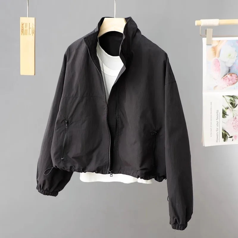 Women's New Autumn Zippered Loose Workwear Windbreaker Short Coat Women's Casual Long-sleeved Tops