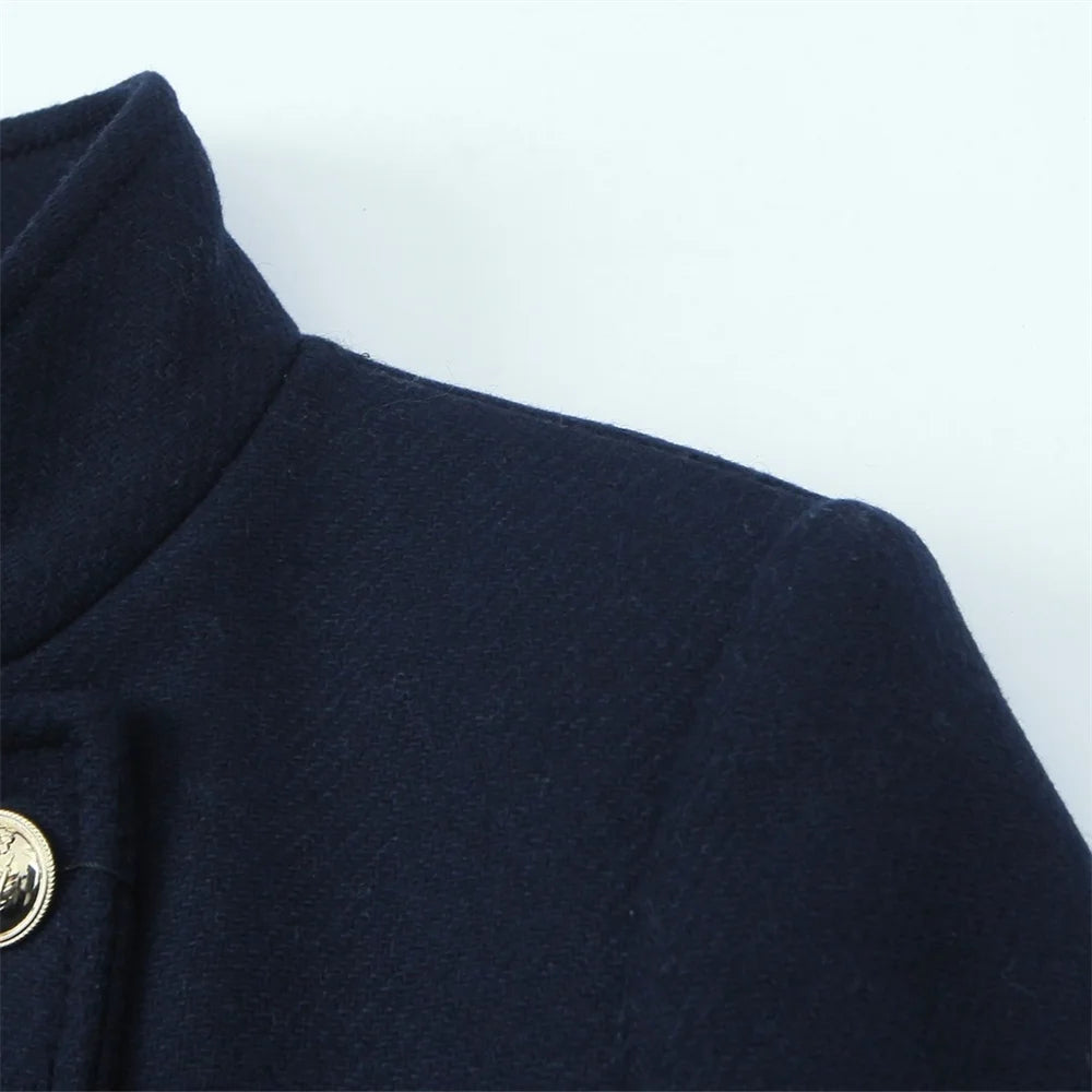 gold button up stand up collar solid color coat for autumn and winter, new double breasted jacket for women