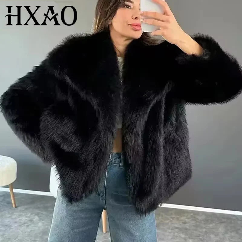 HXAO Winter Faux Fur Coat 2025 Woman New in coats Autumn Fur Plush Fluffy Jacket Warm Red Gray Black White Fur Coat Outerwears