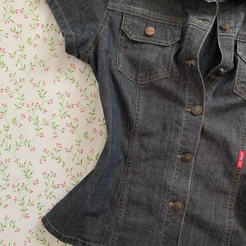 American Harajuku Retro Wash Fashionable Sexy Denim Short-sleeved 2025 New Street Fashion Brand Casual Slim-fit Women Shirt
