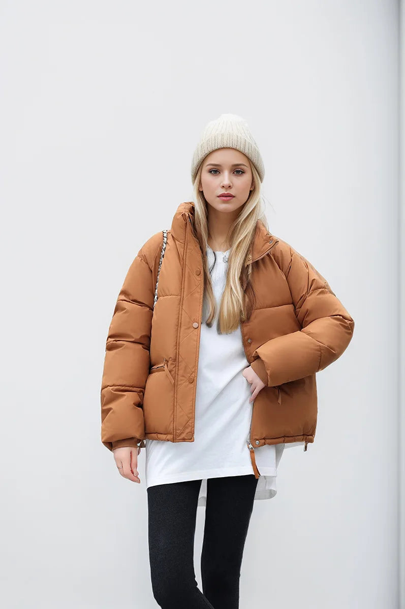Women's Winter Puffer Coat Stand Collar Zipper Fly Pockets Loose Fit Quilted Coat For Female Thickened Lady's Thermal Coat