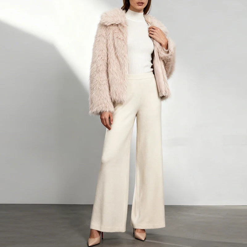 Fashion Vintge Women's Faux Fur Coat Turn-Down Collar Classic Overcoats Basic Fluffy Fox Jackets Lady Elegant Overcoats