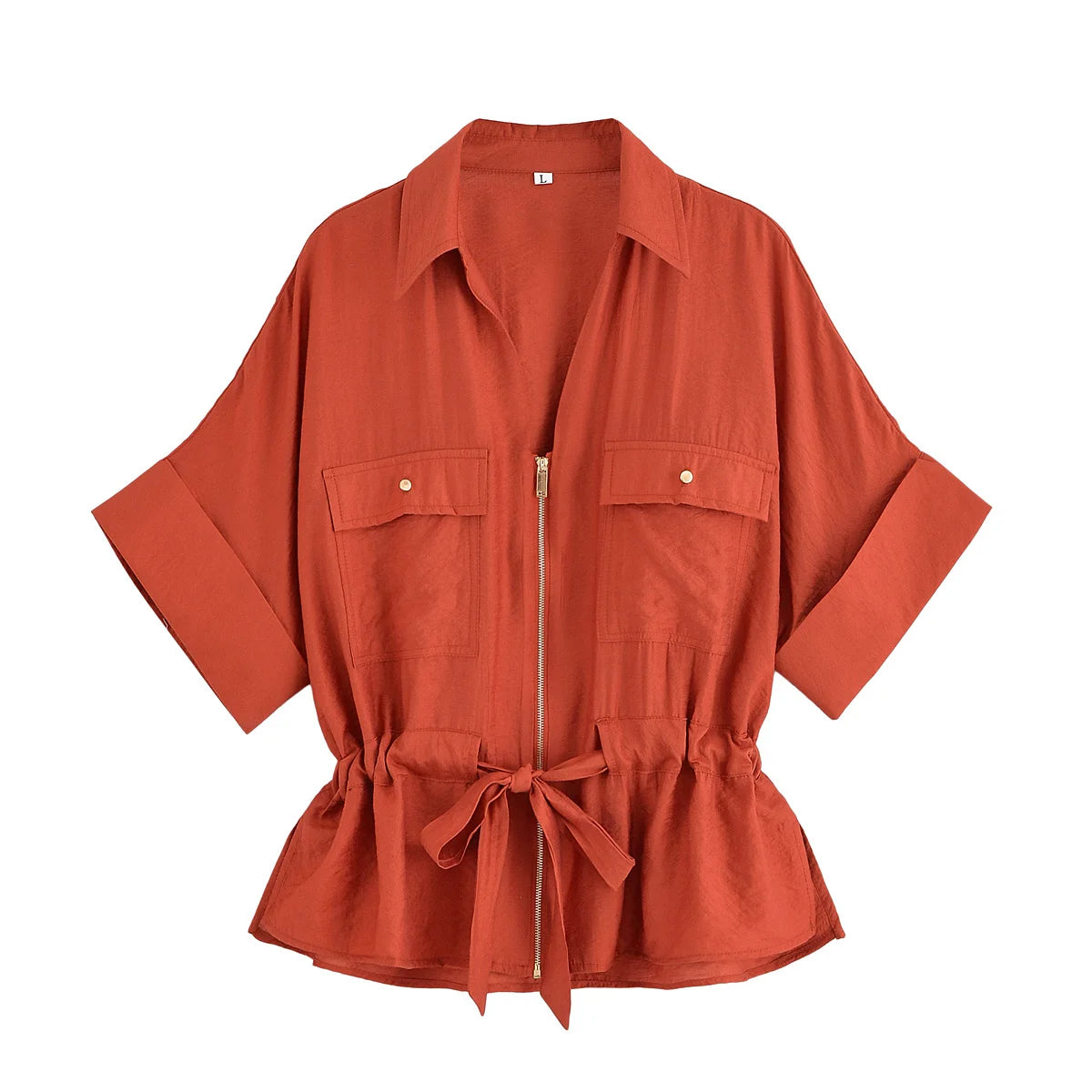 Women Adjustable Drawstring Waist Safari Shirt Short Sleeve Lapel Collar With   Pockets Loose Blouse Streetwear Lady Shirts