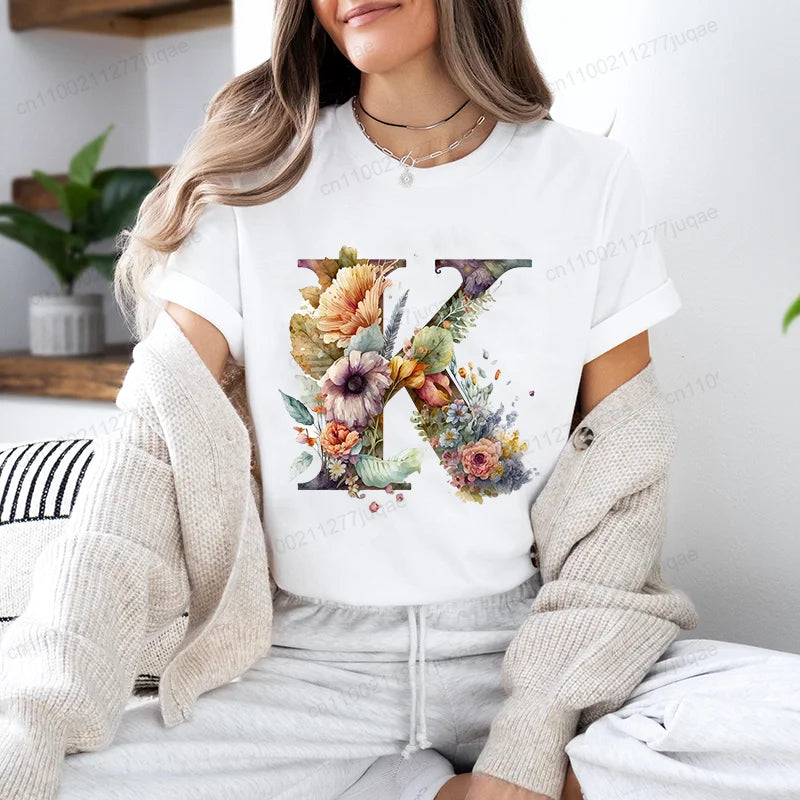 Women's T-Shirt Leisure Fashion Short Sleeve Tees Watercolor Botanical Flower Letter A~Z Print T-shirt Summer Streetwear Y2k Top