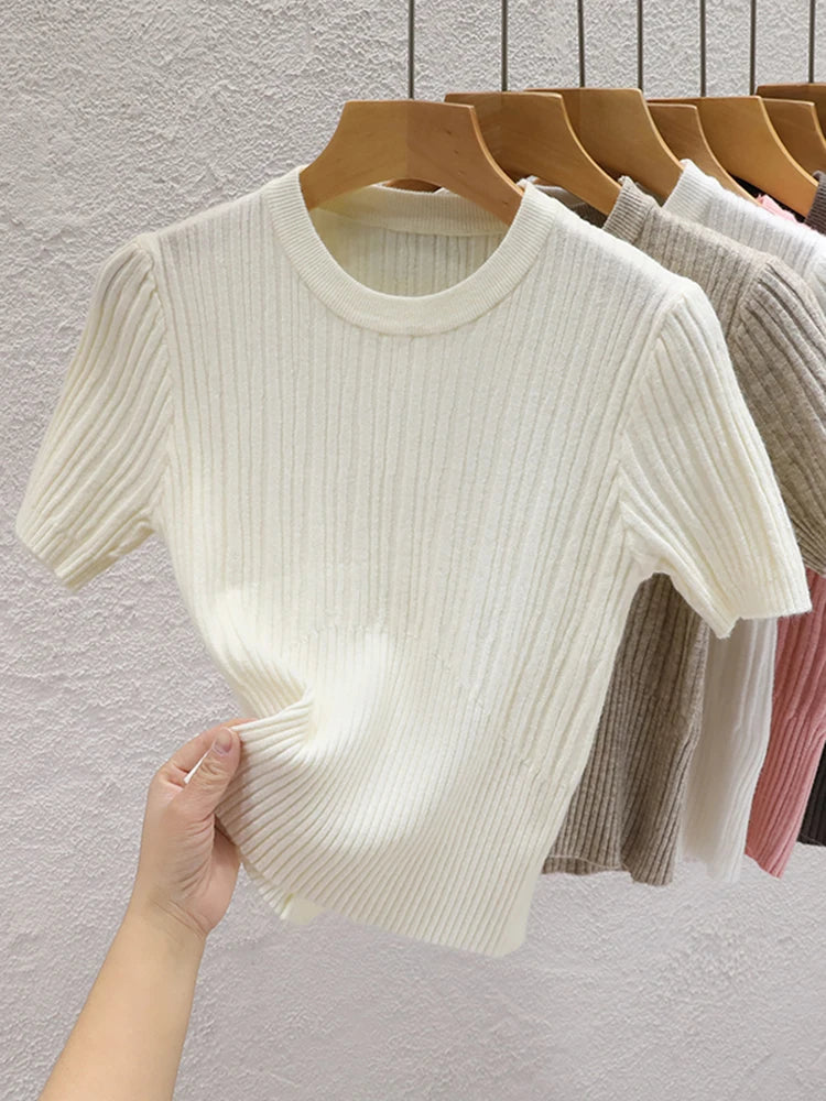 2025 Summer T shirts for Women Casual Female Korean Knit Streetwear Tees Basic Solid Young Cool Tops
