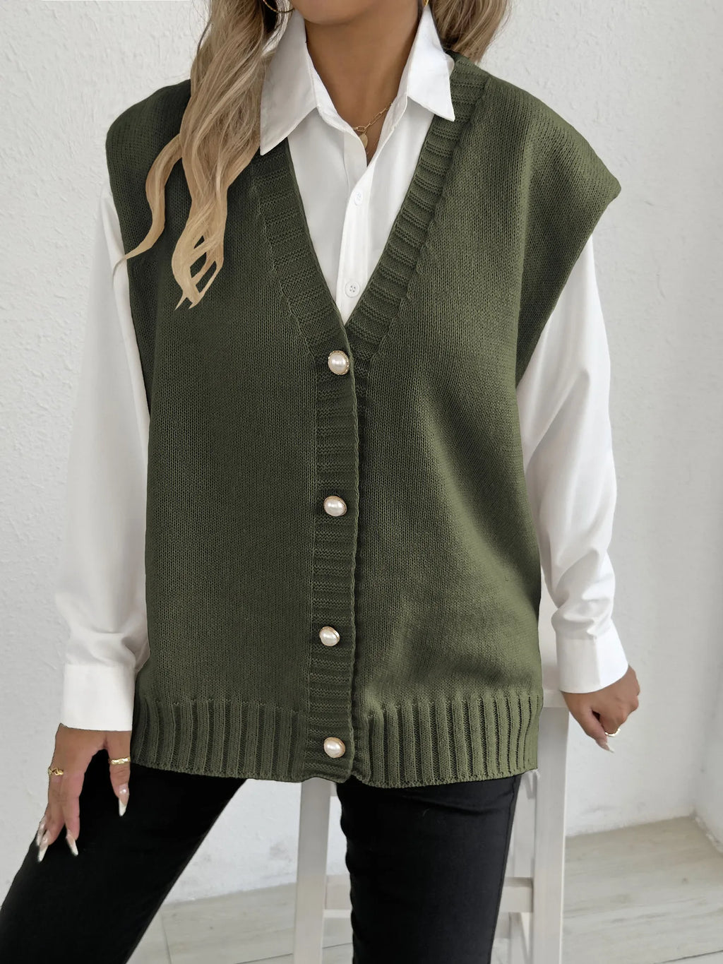 Women's Tops Autumn and Winter Vest Women's Clothing Pearl Button Loose Casual Cardigan Sweater Vest