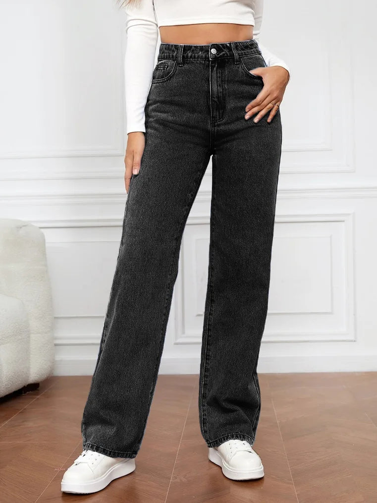 2025 new European and American high-waisted water-washed women's jeans long fashionable and versatile straight-leg pants