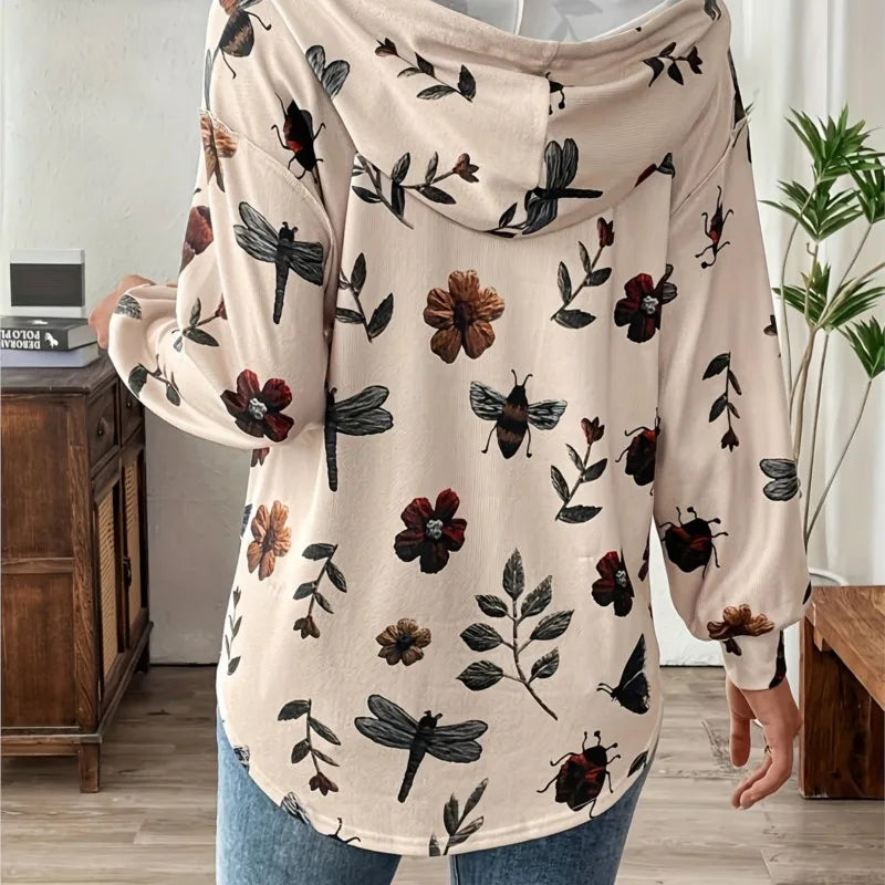 Fashionable Hooded Zipper Printed Sweatshirt Women Long-sleeved Loose Versatile Autumn And Winter Pullover Herbst Damen Kleidung