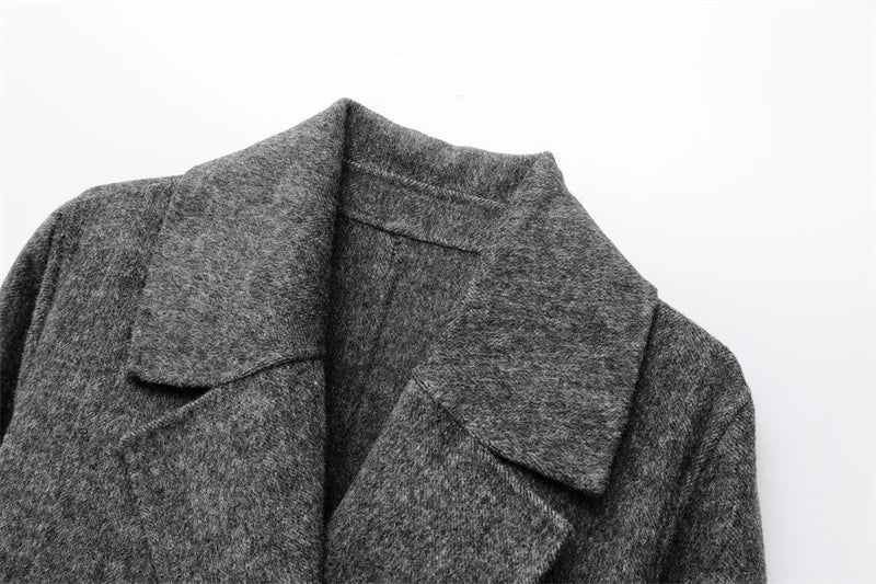 2025 new women's wool blend lapel with belt double breasted woolen coat coat women's trench coat