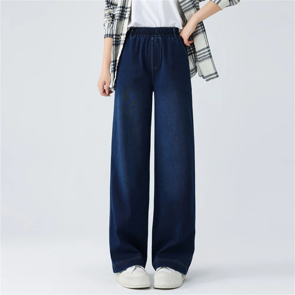 Wide Leg Jeans Woman High Waist Pull On Baggy  Stretchy Jean Pants Straight Leg Denim Pants Elastic Waist