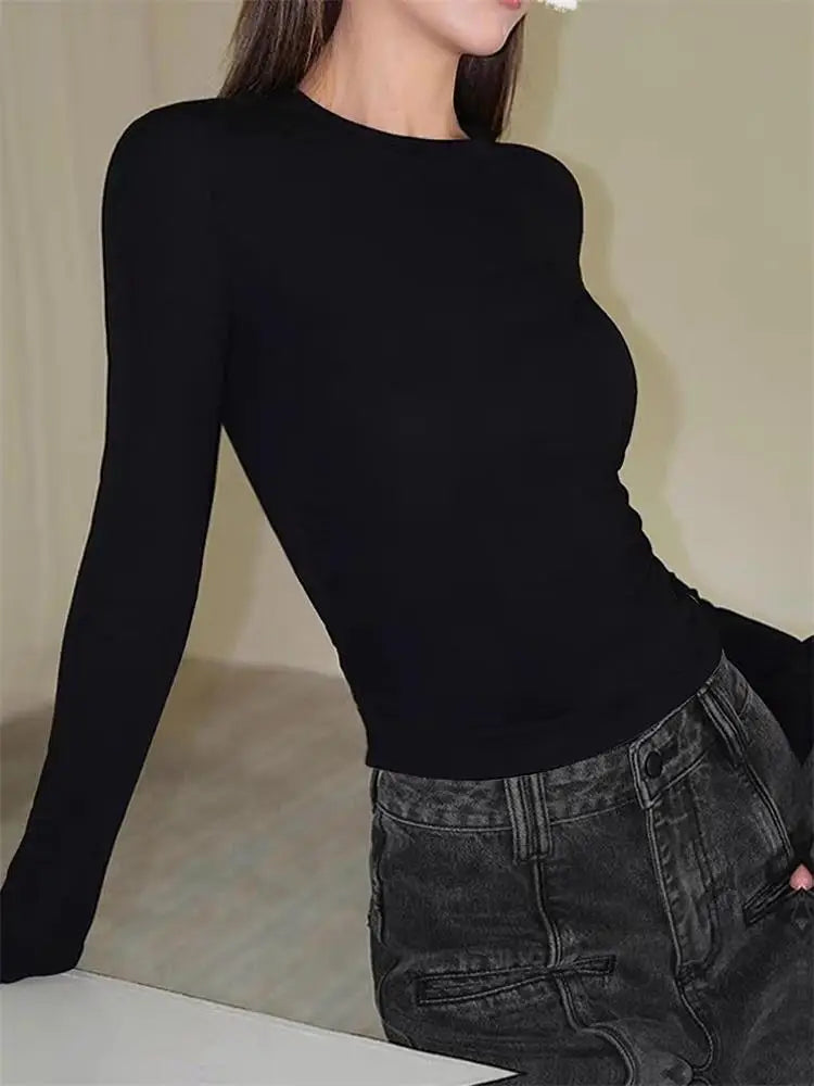 Women Casual Long Sleeve T-shirts Elastic Basic Autumn Solid Slim Pullovers Tee Shirt Female Streetwear Base Lady Top